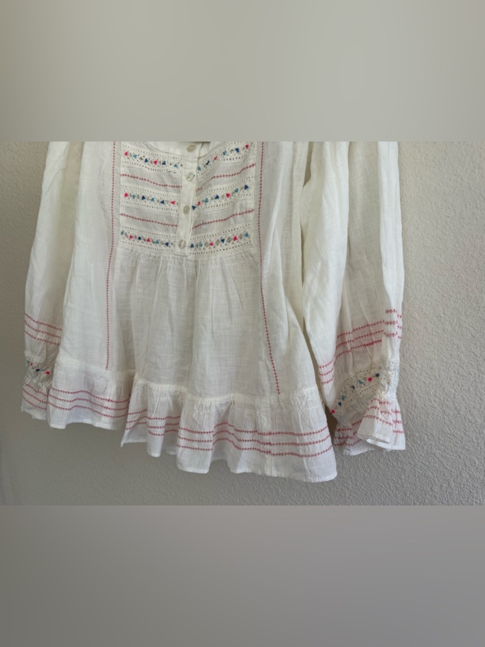 Free People “Ready For You” Ivory Peasant-style Embroidered 100% Cotton Blouse - Picture 3 of 12